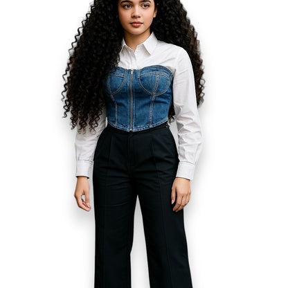 Blusa de manga larga con top tipo corsé de mezclilla y cremallera