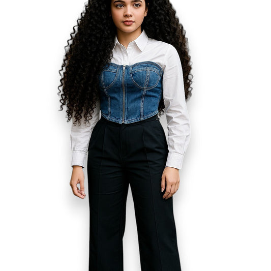 Blusa de manga larga con top tipo corsé de mezclilla y cremallera