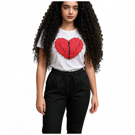 Blusa de cuello redondo con corazón central – Apliques de tela y piedras