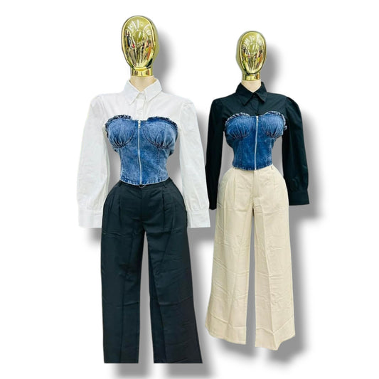 Blusa de manga larga con top tipo corsé de mezclilla y cremallera