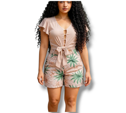 Conjunto de short y blusa con olanes – Lazo y cinturón a juego