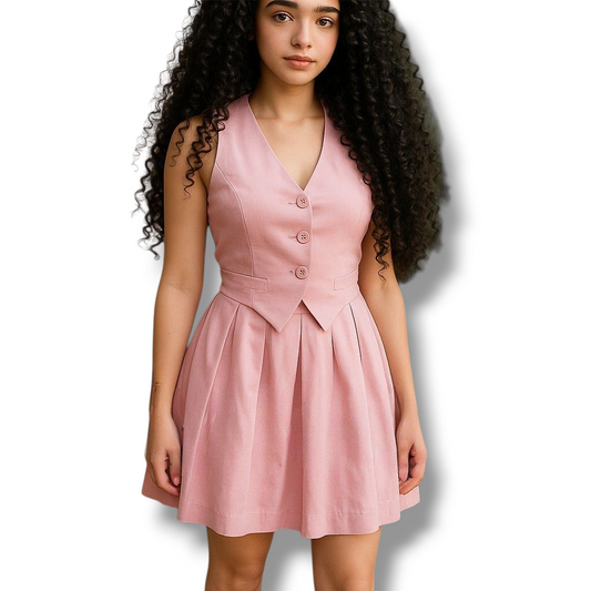 Conjunto juvenil con chaleco tipo halter y minifalda tableada – Detalle de moño en cuello