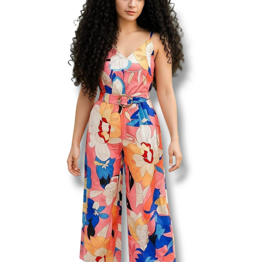 Jumpsuit floral de corte ancho con cinturón – Estilo elegante y cómodo