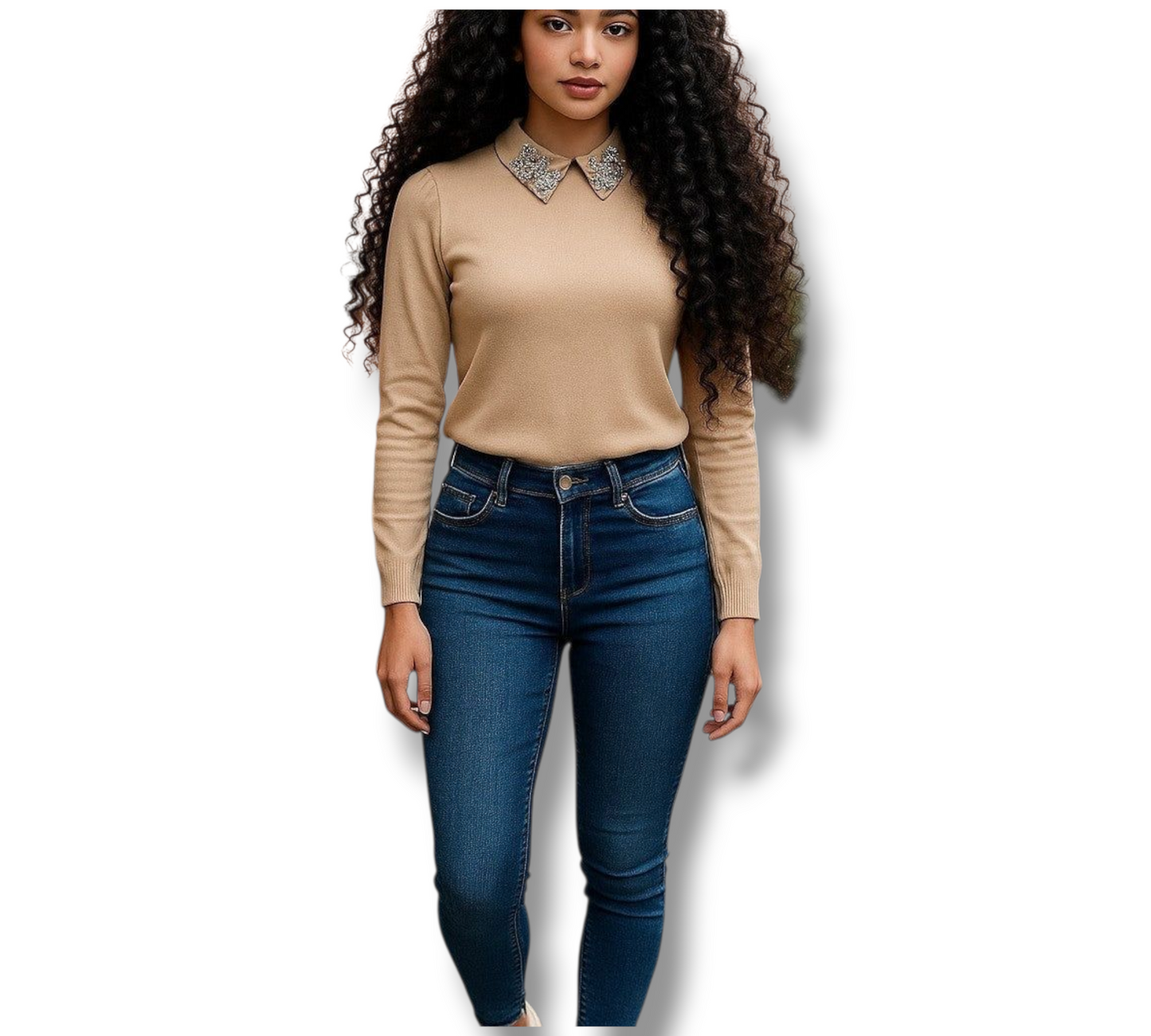 Blusa manga larga con cuello de pedrería – Estilo elegante