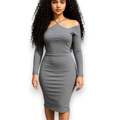 Vestido midi ajustado de manga larga con escote asimétrico y tiras en el cuello