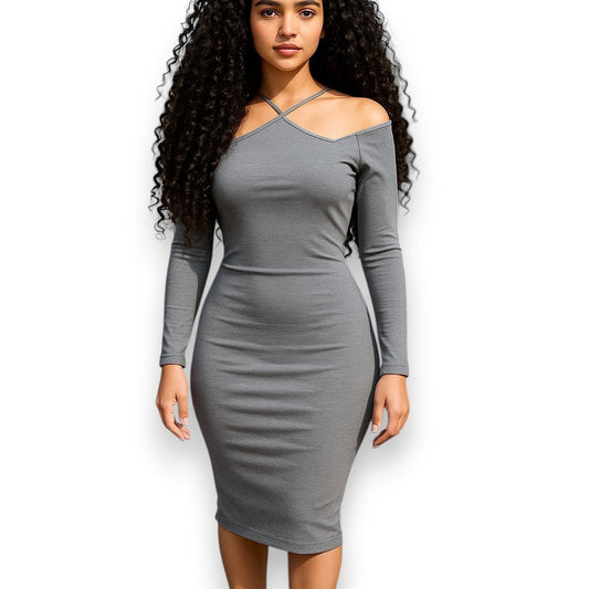 Vestido midi ajustado de manga larga con escote asimétrico y tiras en el cuello