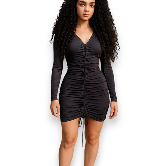 Vestido corto de manga larga con jareta ajustable