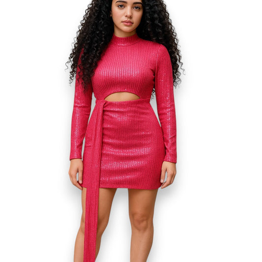 Vestido corto de fiesta con lentejuelas, manga larga y cuello alto